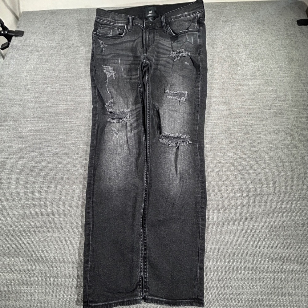 H&M Skinny Fit Jeans Mens 33 Black Good Distressed Ripped Washed‎ Denim